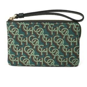 Coach NWT Green and Brown Patterned Wristlet Gold Hardware